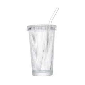 Stripe Glass Cup With Lid And Straw